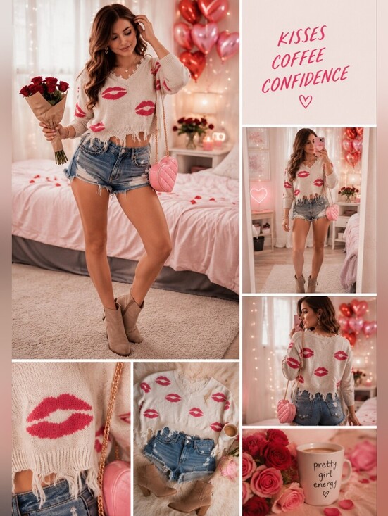 Sweaters - 💋 Just Polly New York Lip Print Distressed Crop Sweater – Small